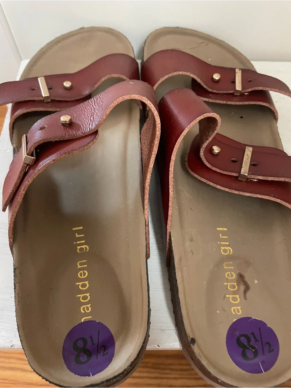 Madden Girl Red-Brown Double‎ Strap Slide Sandals